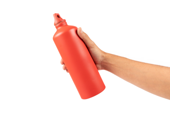 Male hand holding a red reusable water bottle isolated no background