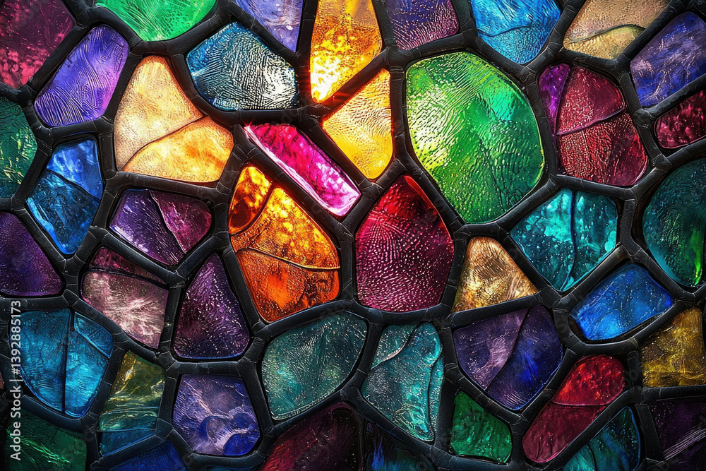 Poster a vibrant stained glass window composed of irregularly shaped pieces, creating a colorful and textur