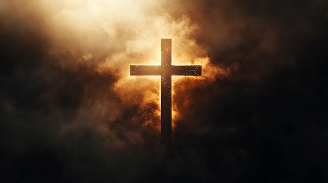 Christian cross against dark sky background religion symbol of faith hope and salvation light