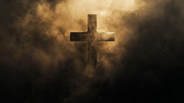Christian cross in dark clouds background, religious symbol of faith, hope and salvation concept image - Powered by Adobe