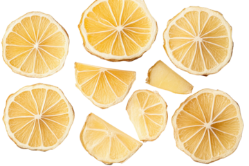 Freshly sliced and neatly arranged citrus fruit segments  including lemon  orange  and grapefruit  showcasing their juicy textures and vibrant yellow and orange hues against a clean  white background