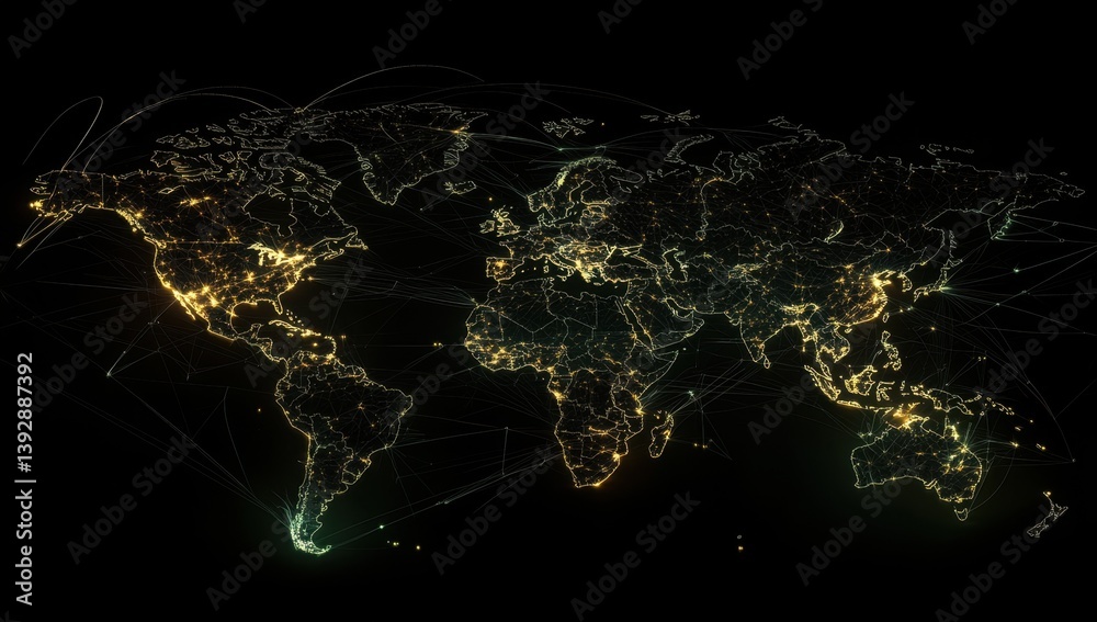 Poster digital map of the world with global network connections and data flow lines connecting cities acros