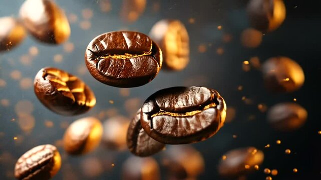 Floating coffee beans with a blurred background, showcasing rich texture and warm colors