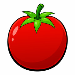 A juicy, ripe red tomato, bursting with summer freshness and vibrant color, a simple cartoon illustration with bold outlines and smooth shading.