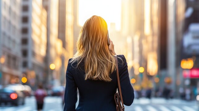 Dynamic sale woman engaged on a phone call urban cityscape lifestyle image sunset glow inspirational concept