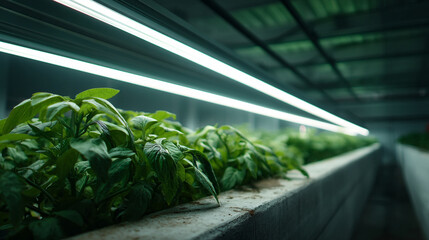 Obraz premium Indoor farming with rows of plants under artificial lighting in a controlled environment space