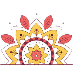 A vibrant autumnal mandala bursting with warm colors and intricate floral details, showcasing a serene and balanced design in a simple, flat style.