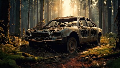Fototapeta premium A rusted and charred car shell sits forgotten in a dense forest, surrounded by moss and trees under soft morning light.