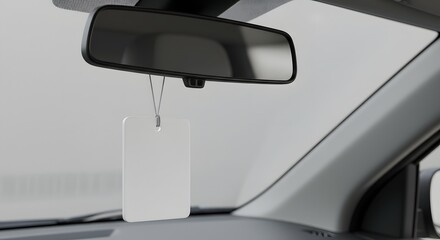 A view inside a car showing a rear view mirror and a white air freshener hanging from the mirror