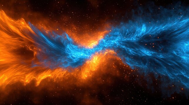 Fiery blue and orange nebulous energy swirls against a dark, star-speckled background, creating a vibrant cosmic spectacle