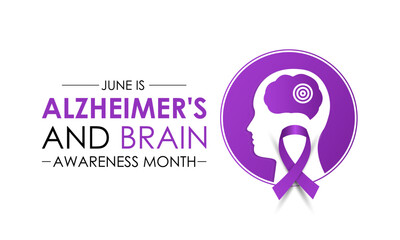 Vector graphic of Alzheimer's and Brain awareness month is observed every year in June. Raise awareness about Alzheimer's and brain. Realistic Ribbon, head and brain icon with Stethoscope design.