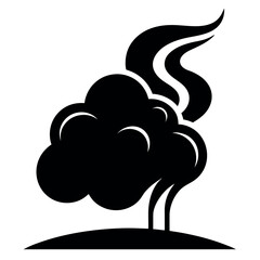 Simple black and white icons of factories emitting smoke and trees.