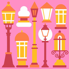 A cheerful collection of whimsical street lamps illuminating a vibrant pink cityscape with bold flat colors and simplified forms.