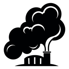 Simple black and white icons of factories emitting smoke and trees.