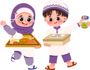 Joyful Muslim Children Delivering Food and Drinks in Cute Cartoon Style