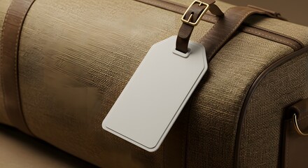Close up of a textured brown suitcase with a blank white luggage tag attached to a brown leather strap