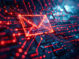 A futuristic digital corridor with glowing red email icons and binary code, representing data transmission and communication technology.