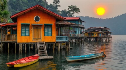 Obraz premium Colorful stilt houses on a lake at sunset
