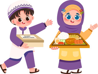 Cheerful Muslim Children Delivering Food and Package