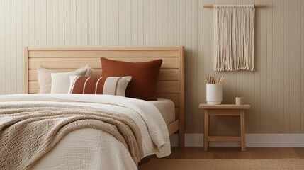 Bohostyle kids bedroom with woven decor, macrame wall hangings, and earthy tones