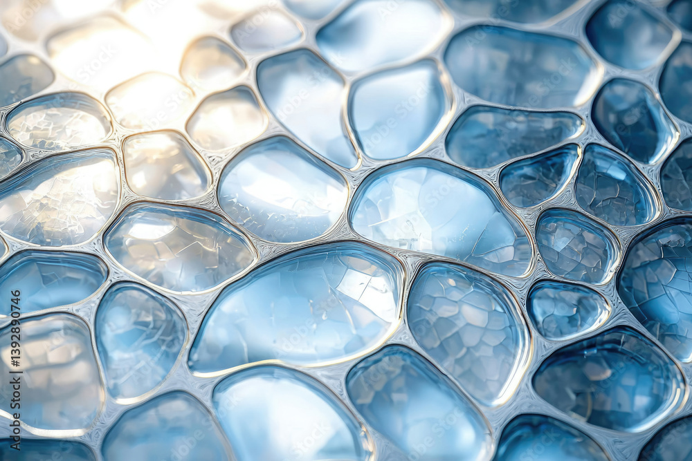 Poster Abstract cell-like structure with smooth, blue-toned glassy shapes and metal separations, catching light and displaying intricate internal patterns.