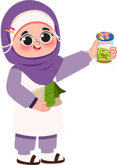 Smiling Girl in Hijab Presents Homemade Dessert in Jar