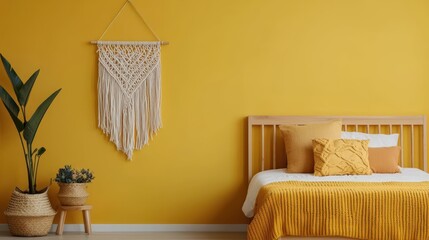 Bohostyle kids bedroom with woven decor, macrame wall hangings, and earthy tones