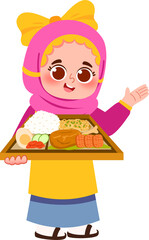 Smiling Girl in Hijab Presenting a Colorful Indonesian Meal on a Tray