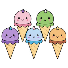 Five adorable kawaii ice cream cones, each a different pastel color, smiling cheerfully, perfect for a summer treat illustration with simple line art and a white background.