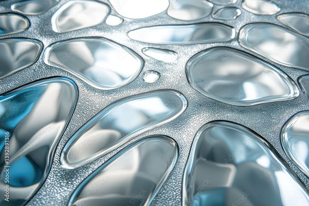 Poster Abstract close-up of silver liquid drops on a textured surface, creating a cool and reflective pattern.