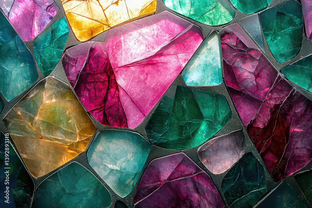 Aufkleber A vibrant mosaic of translucent, geometric shapes in a kaleidoscope of colors, creating a dazzling and textured effect.