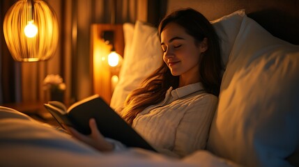 young woman in peaceful sleep under ambient lighting in hotel bed reflecting bedtime relaxation cozy comfort and serene lifestyle overnight travel scene