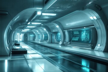 Obraz premium Futuristic sci-fi corridor with glowing walls and advanced technology displays