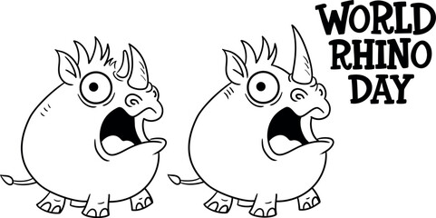  Vector rhinoceros rhinos for World Rhino Day.Black and white drawing of two rhinos. One rhino with two horns, the other with one.Endangered species of rhinoceros.Sumatra-Nashorn.Animal conservation