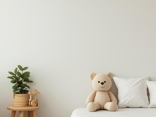 Minimalist kids  bedroom with neutral tones, wooden toys, and a soft color palette for a calming effect