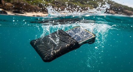 A phone in a waterproof case falling into the ocean with splashes and a blurred beach background