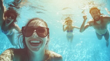 Young trendy individuals having a fun summer vacation while swimming and enjoying the sun together