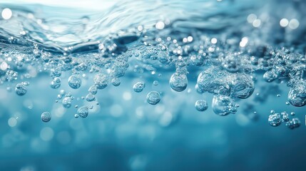 Underwater bubbles rising to surface in clean blue water