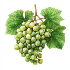 Obraz premium Fresh green grapes on the vine with lush grapevine leaves in high detail botanical style isolated on white background
