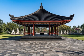 Photo of an elegant Javanese traditional pavilion with a black tile roof and red accents,
