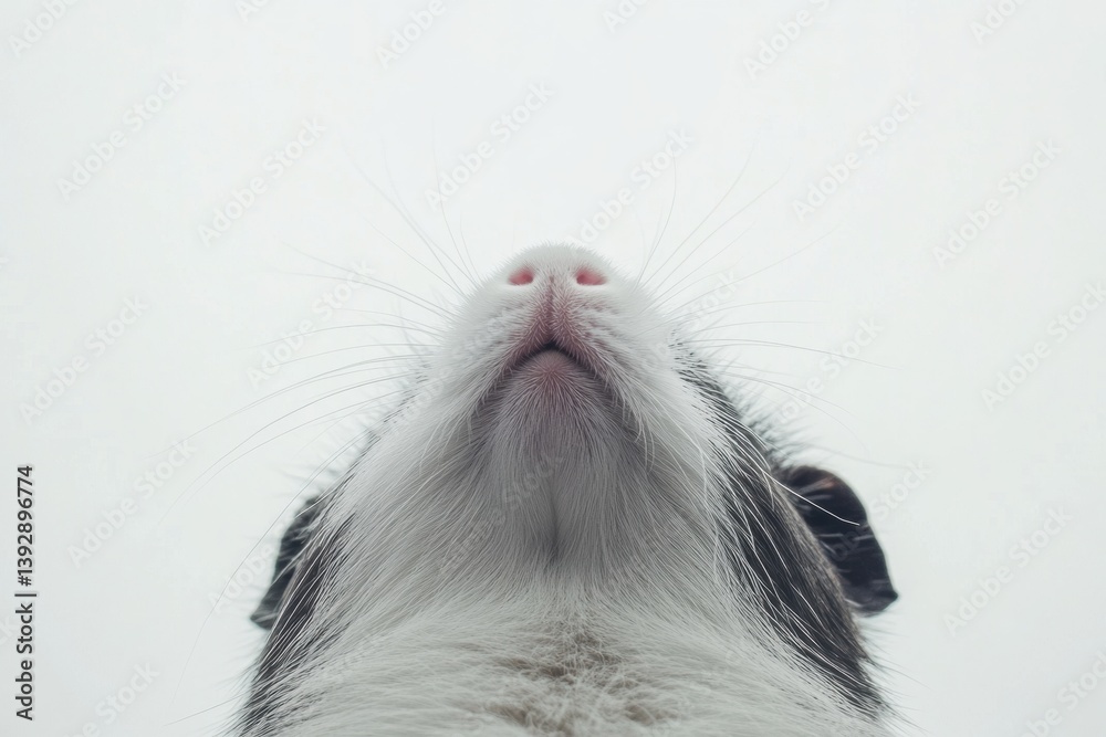 Poster cute guinea pig looking up with fluffy fur and whiskers against a minimal white background during a 