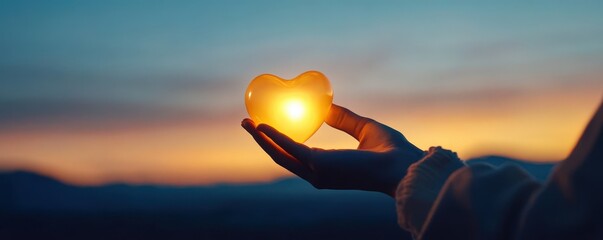 Glowing heart shaped balloon being gently held in the palm of a hand against a tranquil sunset sky  The warm radiant glow of the balloon creates a peaceful contemplative atmosphere