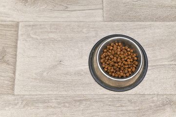 metal bowl with dog or cat food