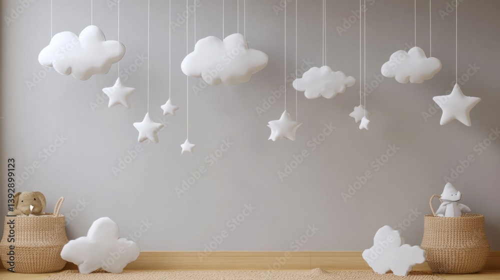 Poster Delicate clouds and stars hang from invisible strings in a soft nursery decor for a dreamy atmosphere