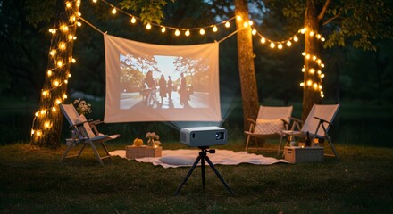 Outdoor movie night setup with projector screen chairs and string lights in a backyard setting