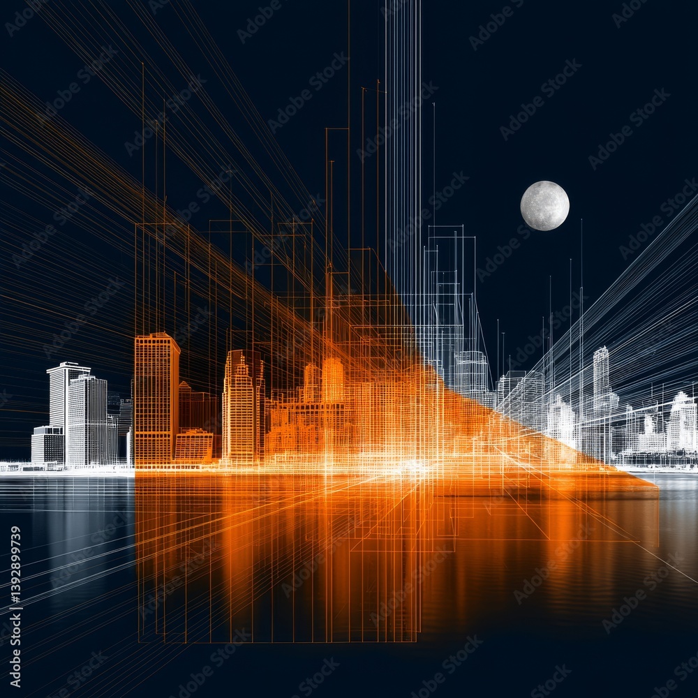 Poster Abstract Cityscape at Night with Digital Wireframe and Moon Reflection for Modern Architecture