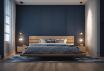 room bed dark parguet vintage interior wall flooring modern rendering wood blue lamp 3d background furniture home contemporary chair nobody empty luxury architecture living light decoration house