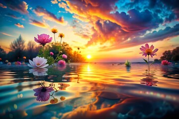 Enchanting Double Exposure A Floating Bloom Above a Mystical Pool Fantasy Photography