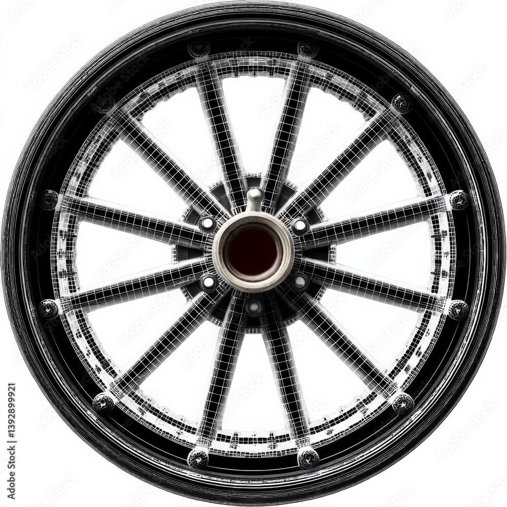 Poster abstract art: intricate wheel design with metallic accents and structured wireframe details against 
