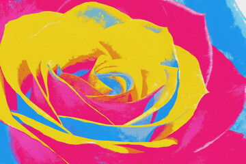 Obraz premium Rose flower close-up, bright colors, abstract pattern, noise effect, grain. Illustration with texture